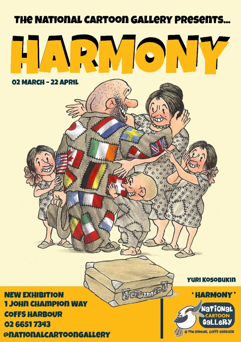 An Australian family rejoicing, wrapped in a blanket made of many flags from around the world, multicultural themes for Harmony week.